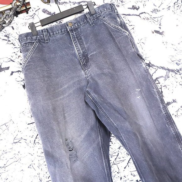 DISTRESSED CARHARTT JEANS 34x28 *FLAWED* Blue Grey Vintage 90s Y2K Utility DIY - Picture 1 of 13